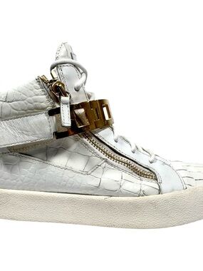 Giuseppe Zanotti White Croc Embossed Gold Strap Sneakers Size 42 Italy